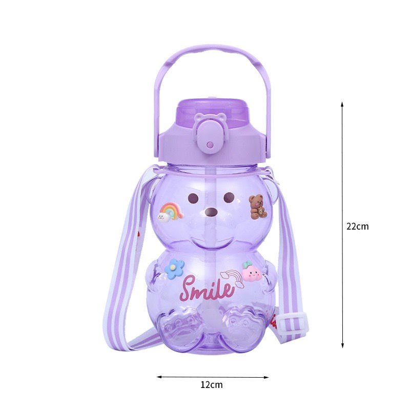 Bình Đựng Nước Hình Gấu Smile Siêu Dễ Thương 1300Ml Kèm Sticker Và Dây Đeo