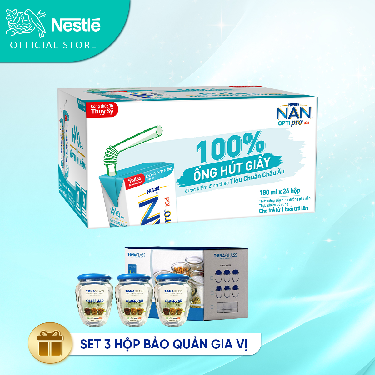 Thùng Sữa Bột Pha Sẵn NESTLE NAN OPTIPRO Kid -Thùng 24 Hộp,180ml - Tặng Bộ 3 hũ thủy tinh