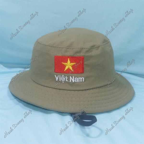 Nón tai bèo trẻ em 3-5 tuổi, mũ tai bèo thêu Lá cờ Việt Nam size đầu 52-53cm, đường kính 18cm - Rêu Nhạt