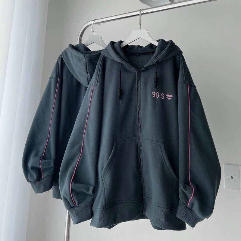 Áo Khoác Dây Kéo Nỉ Form Rộng Unisex ICON THÊU TRÁI TIM 90s, Áo Khoác Dây Kéo Nỉ Form Rộng Unisex ICON THÊU TRÁI TIM 90s