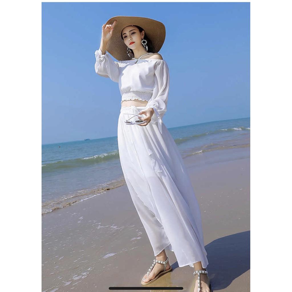 Đầm maxi  trắng tay dài nhấn chun cách điêu