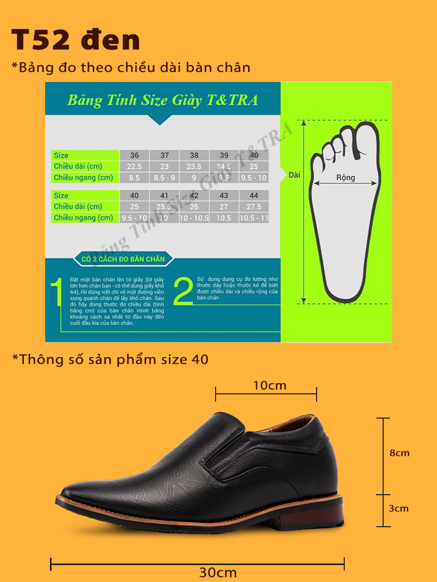 Giày Tăng Chiều Cao Nam T&amp;TRA Tăng Cao 6Cm- T52 Đen - Chất Liệu Da Bò Cao Cấp, Đế Cao Su Đúc , Phần Tăng Cao Ẩn Bên Trong