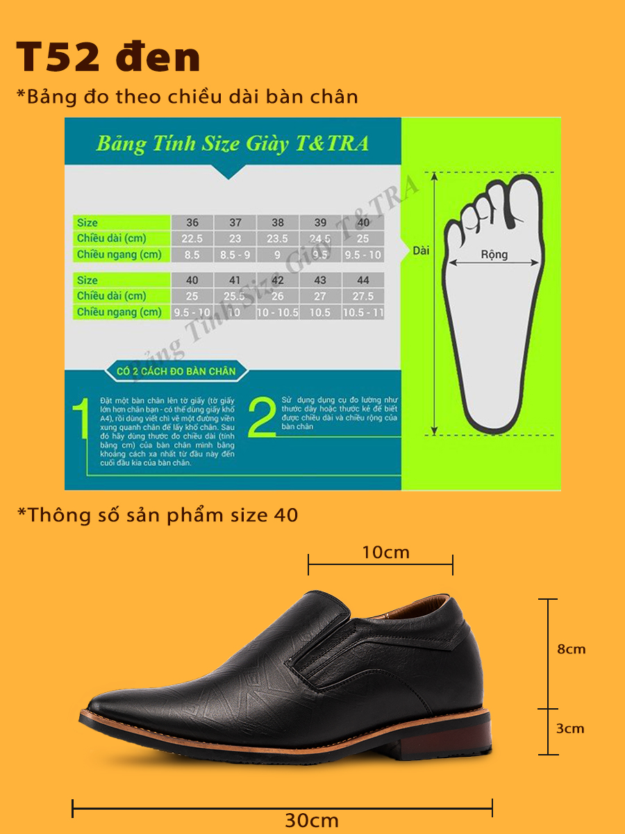 Giày Tăng Chiều Cao Nam T&TRA Tăng Cao 6Cm- T52 Đen - Chất Liệu Da Bò Cao Cấp, Đế Cao Su Đúc , Phần Tăng Cao Ẩn Bên Trong