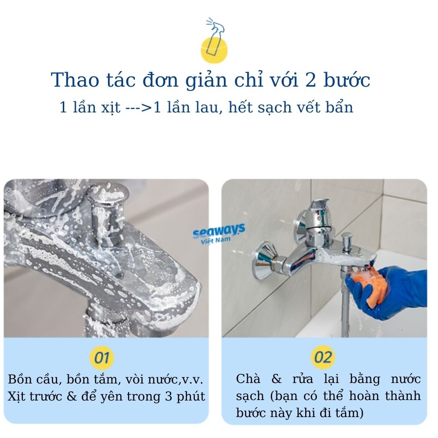 Chai Tẩy Cặn Canxi & Bảo Vệ các bề mặt Kim Loại, Inox, Sứ Nhà Tắm - Toilet SEAWAYS 500ml