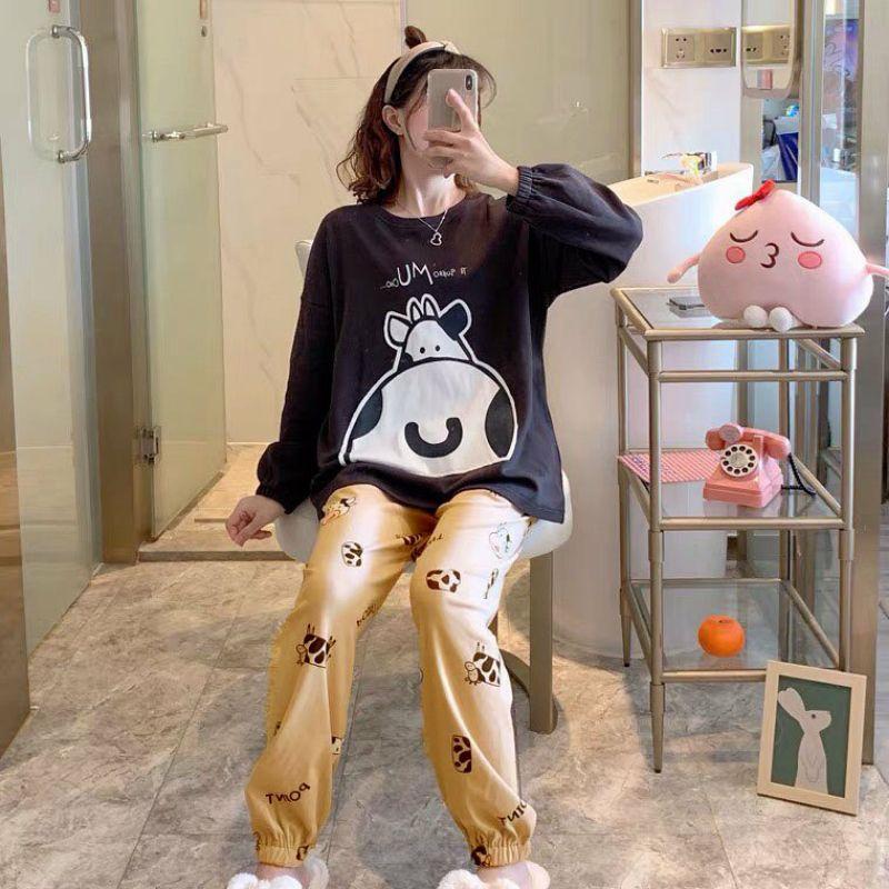 Đồ Bộ Thun Tay Dài Quảng Châu - Pijama Quần Dài - Đồ Mặc Ở Nhà Họa Tiết Hoạt Hình Dễ Thương