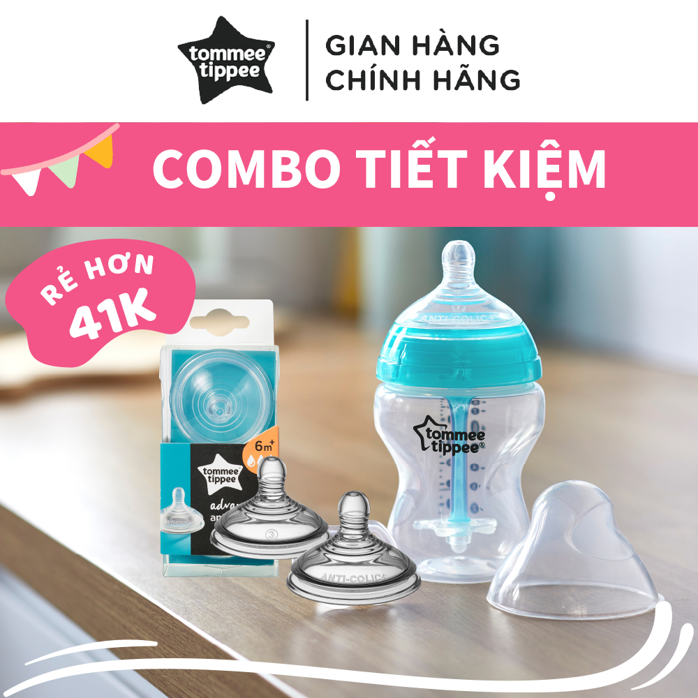 COMBO Bình sữa siêu chống đầy hơi kèm báo nhiệt Tommee Tippee Advanced Anti-Colic 260ml &amp; Núm ty silicon thay thế 6M+