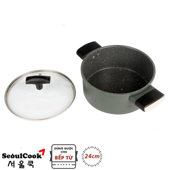 Combo C1 nồi 20cm + nồi 24cm + chảo cạn 24cm đáy từ Seoulcook Healthy cao cấp Hàn Quốc và chảo sâu lòng (E) 26 cm vân đá - Hàng chính hãng