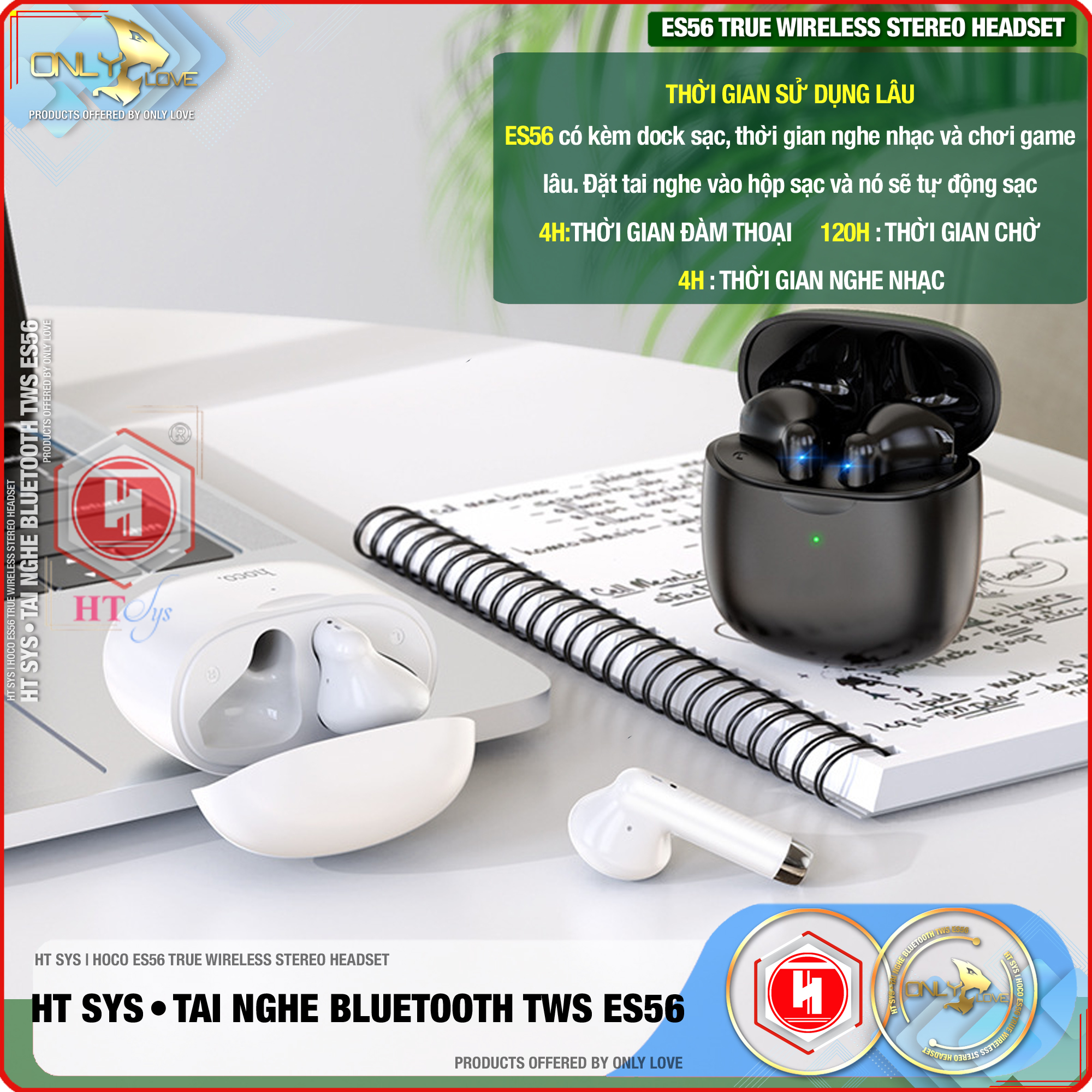 Tai Nghe Nhét Tai Bluetooth Không Dây HT SYS hoco ES56 - Kết nối Bluetooth 5.1 - Chip JL AC6983 -Pin Dock Sạc 320mAh - Thời gian sử dụng 4h - Cảm Ứng Thông Minh,Âm Thanh Stereo, Âm Bass Cực Chất - Phù Hợp Với Tất Cả Dòng Máy - [ Hàng Chính Hãng