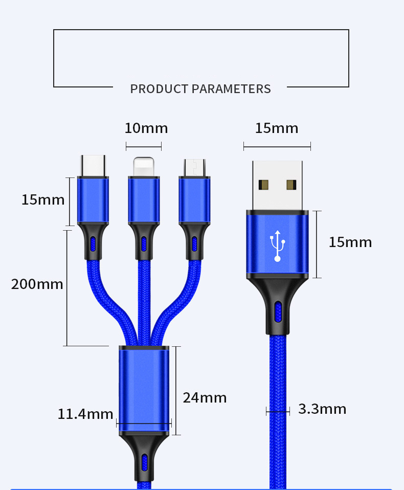 Dây cáp sạc 3 đầu đa năng Type C, Iphone, Android S04 - Hàng chính hãng