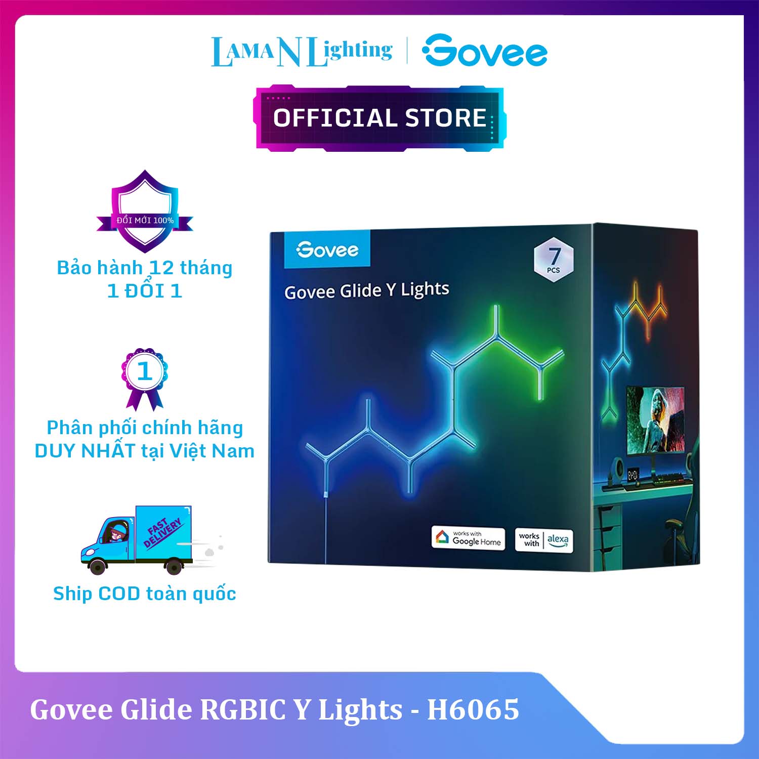 Đèn LED trang trí tường Govee Glide RGBIC Y Lights H6065 | DIY trang trí tường, lắp ghép thông minh, 40 chế độ màu sẵn