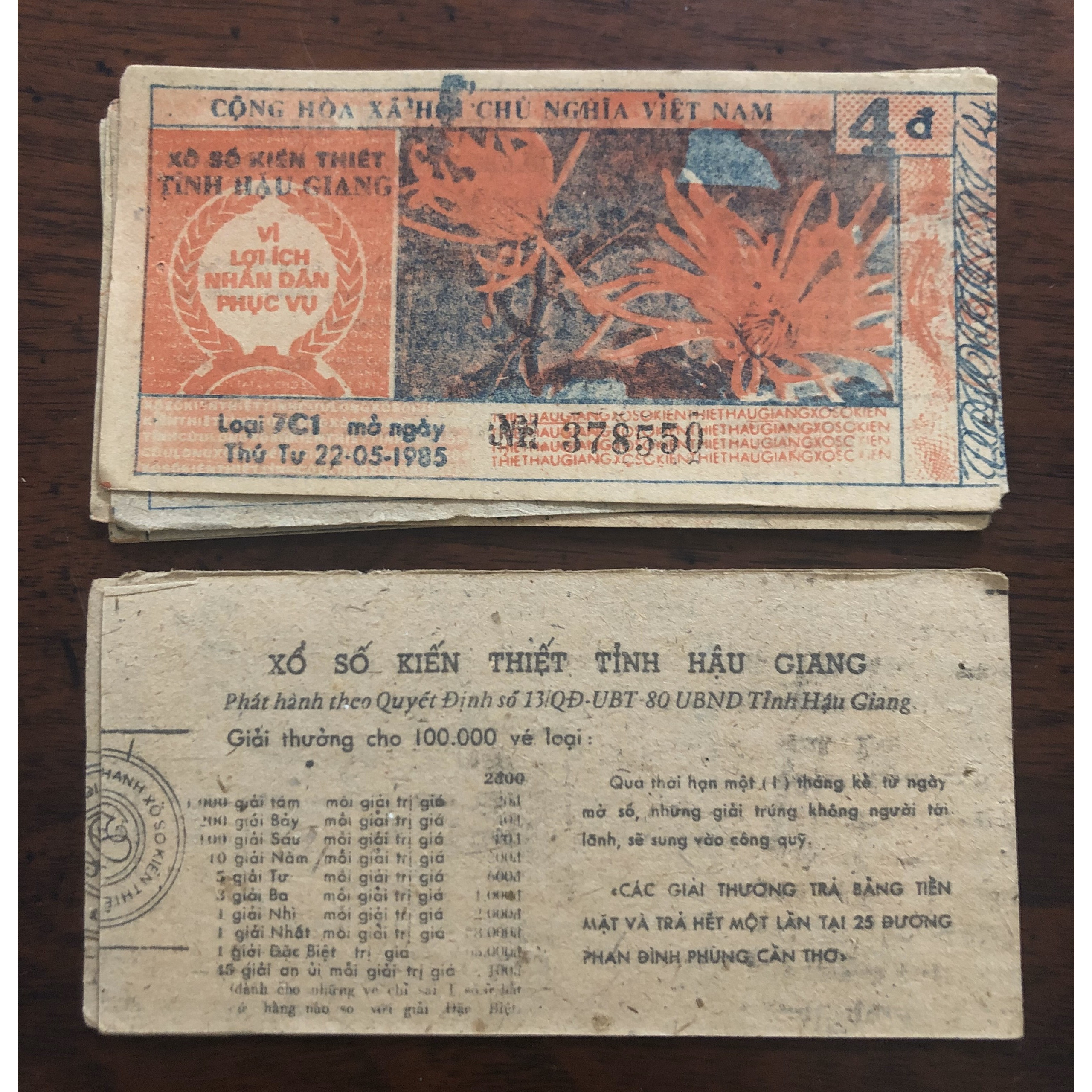 Tờ vé số bao cấp tỉnh Hậu Giang 198x sưu tầm