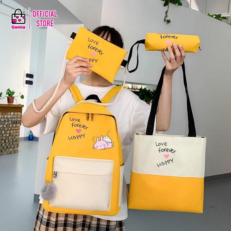 Set Balo 4 món Thỏ hồng Love Forever Happy màu sắc dễ thương dành cho học sinh sinh viên GOMIA BLS5092