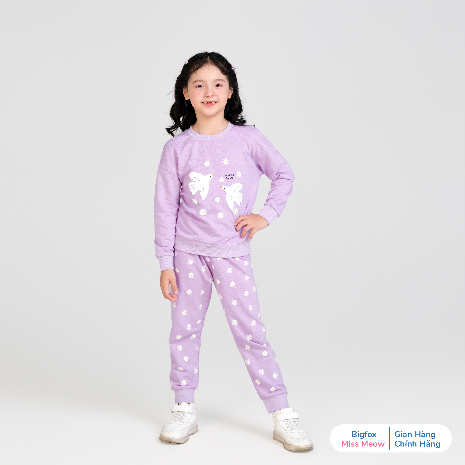 Bộ quần áo nỉ cho bé gái size đại Bigfox Miss Meow thu đông dài tay mặc nhà cỡ trẻ em 3-11 tuổi 35kg