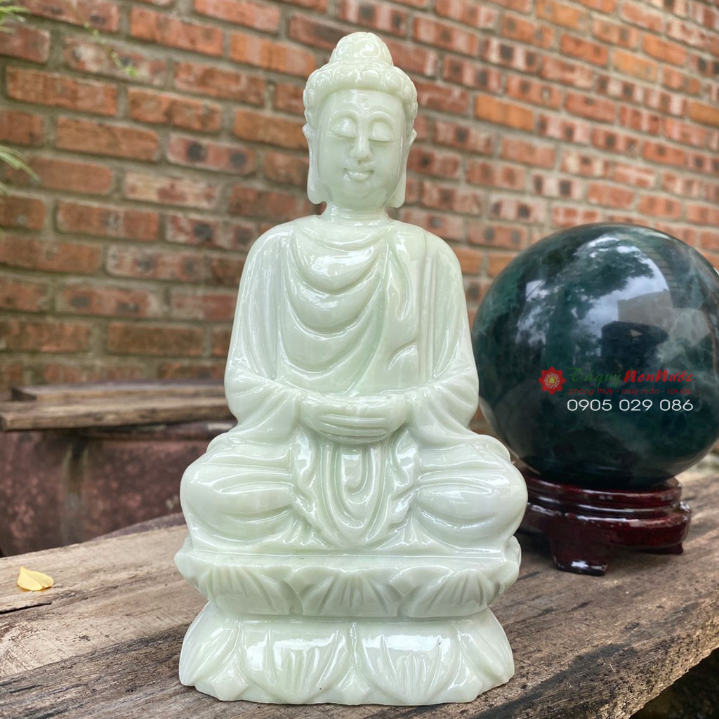 Tượng Phật Thích Ca phong thủy đá trắng xanh 20cm