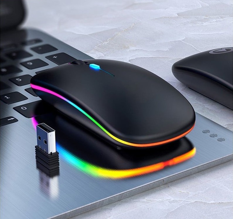 Chuột không dây A2 thiết kế thon gọn, không tạo tiếng ồn, có cổng micro USB để sạc, Led 7 màu sinh động