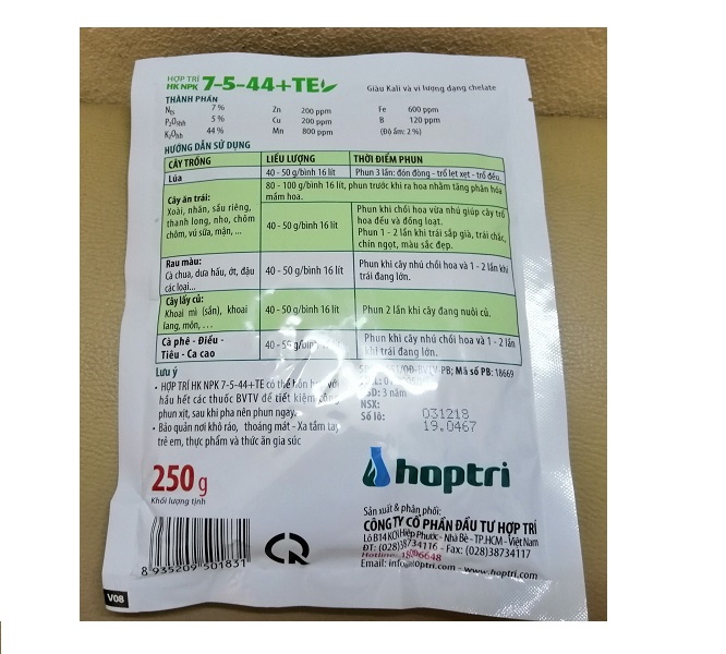5 GÓI HỢP TRÍ HK NPK 7-5-44+TE 250G RA HOA SỚM TO TRÁI - CHẮC HẠT