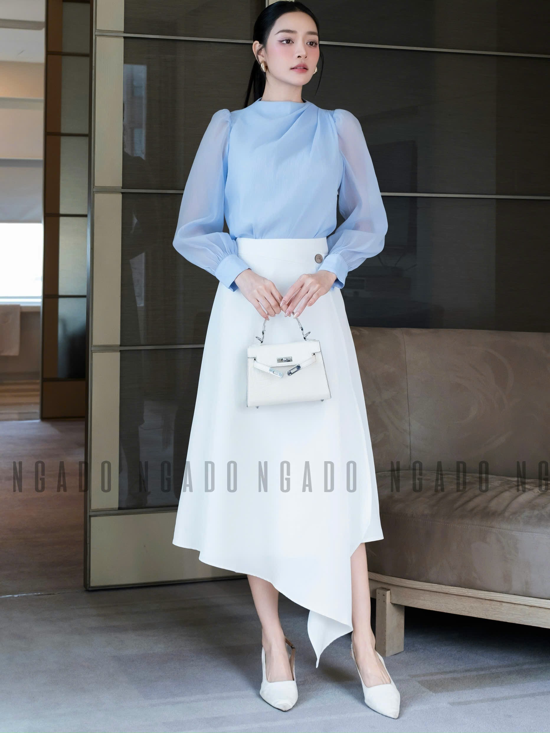 Set áo voan xanh váy trắng NGADO , set áo váy dài , set công sở