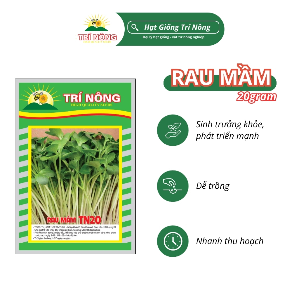 Hạt Giống Cải Mầm Trí Nông, TN20, Dễ Trồng, Dễ Chăm Sóc, Nhanh Thu Hoạch, Thời gian thu hoạch 6 ngày, Gói 20gram