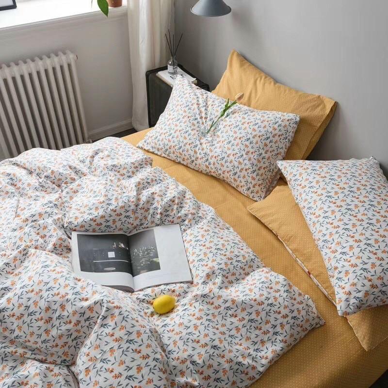 Set Chăn Ga Gối Cotton Living Hàng Nhập khẩu Cao Cấp 4 Món Hoa Vintage Nhí Phong Cách Mới