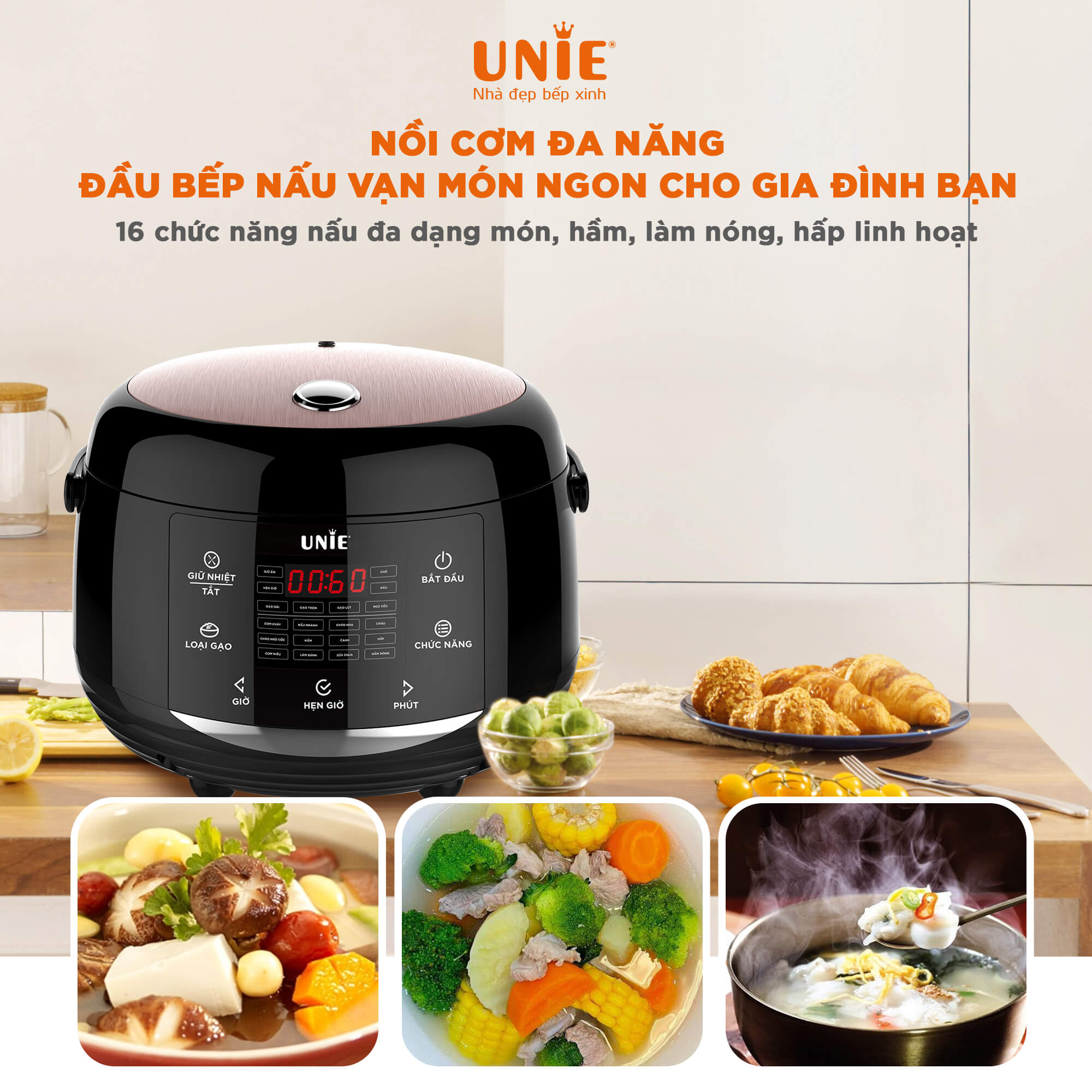 Nồi Cơm Điện Đa Năng UNIE UEC1571B Sang Trọng Tiêu Chuẩn Đức Gồm 16 Chương Trình Nấu Dung Tích 1.5 Lít Dùng Cho Gia Đình 3-4 Người Công Suất 600 W - Hàng Chính Hãng