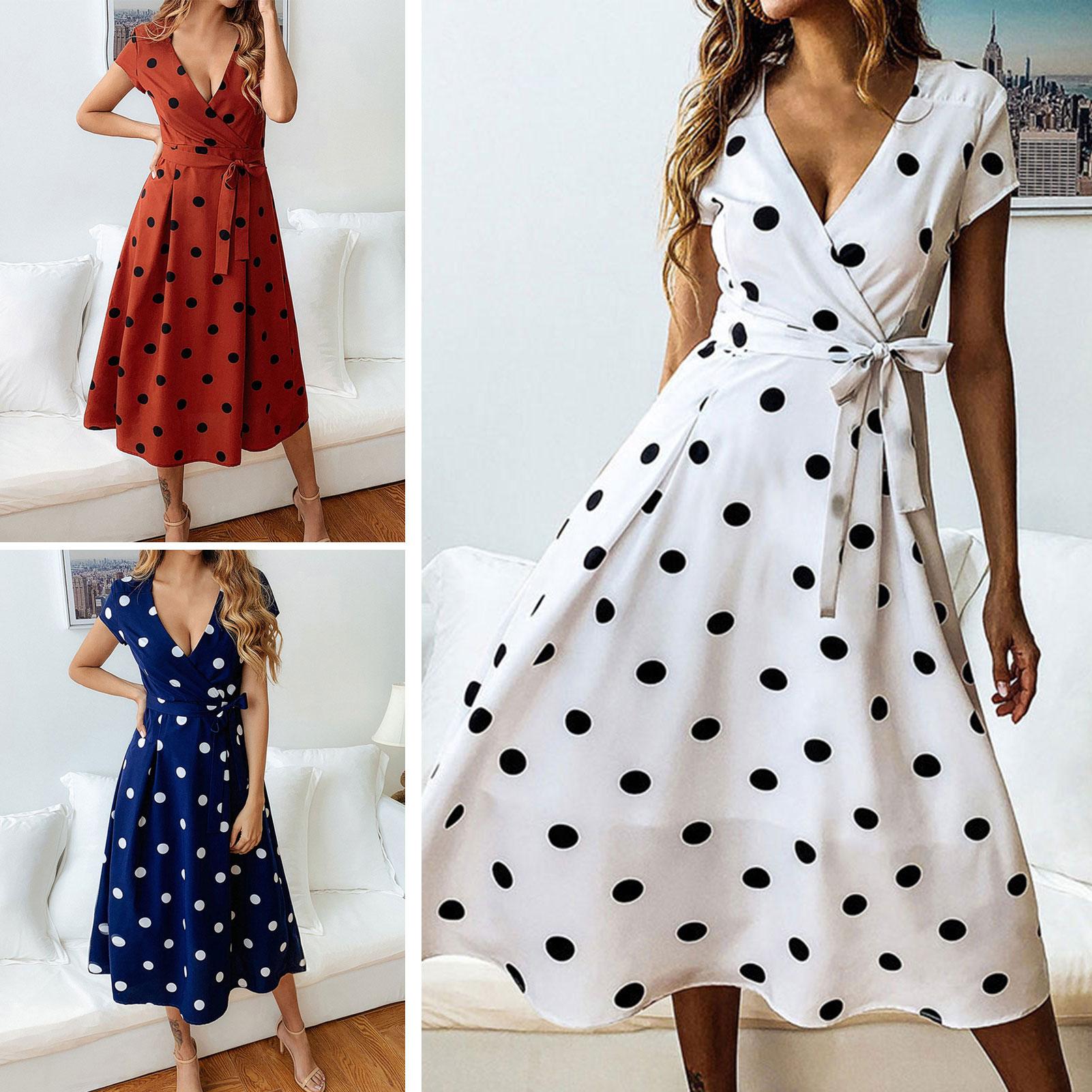 Women Dot Dress Vintage Belted Empire Dress V Neck Short Sleeve Summer Party Swing Dress