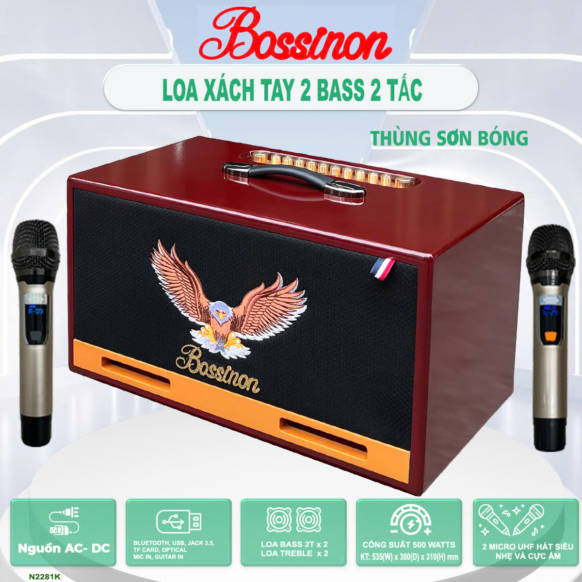 Loa karaoke xách tay Bossinon bass đôi 2 tấc N2281K - Bảo hành chính Hãng 12 tháng (bình + micro bảo hành 6 tháng) - hàng chính hãng