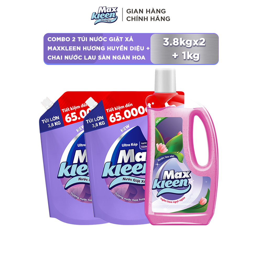 Combo 2 Túi Nước Giặt Xả MaxKleen hương Huyền Diệu (3.8kg/túi) + Nước Lau Sàn 1kg