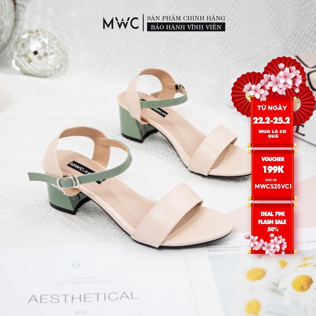 Giày sandal cao gót nữ MWC mũi tròn gót vuông cao 5CM quai ngang mix màu nâu xanh siêu xinh NUCG-3920