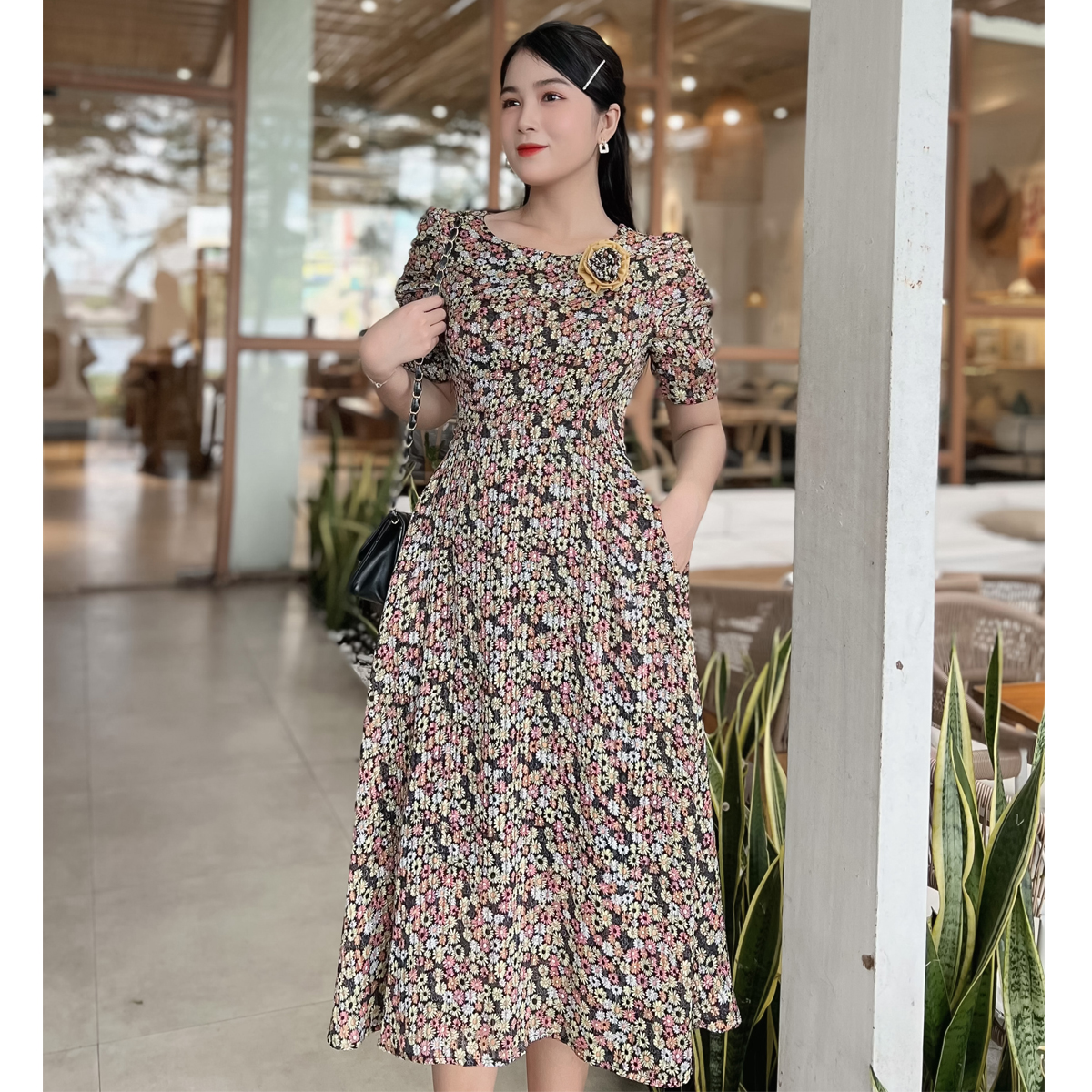 Đầm xòe hoa nhí gắn hoa dễ thương D089 - Khánh Linh Style - Ladyfashion
