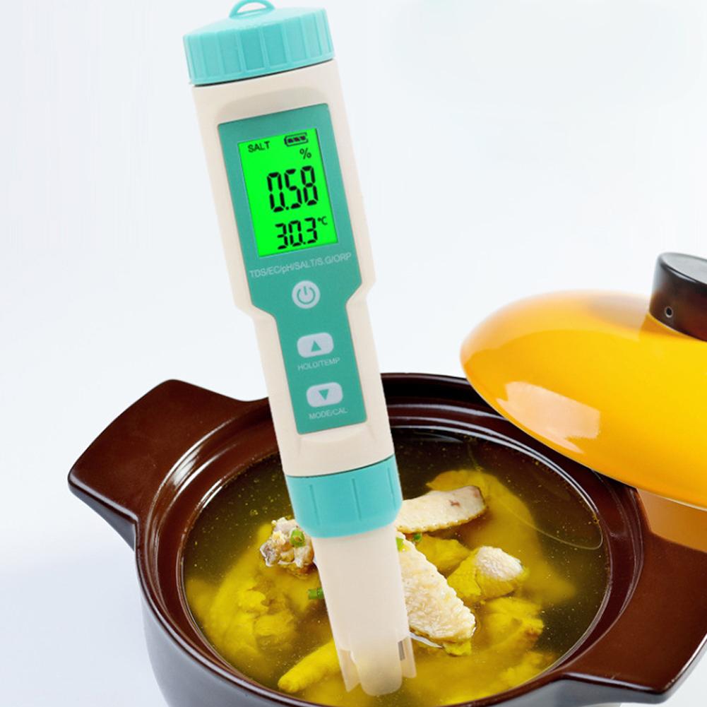 Máy kiểm tra chất lượng nước cầm tay cầm tay 7 trong 1 PH Tổng chất rắn hòa tan EC ORP Độ mặn SG Kiểm tra nhiệt độ IP67 Chống nước ℃/℉ Chuyển đổi đơn vị Bù nhiệt độ tự động