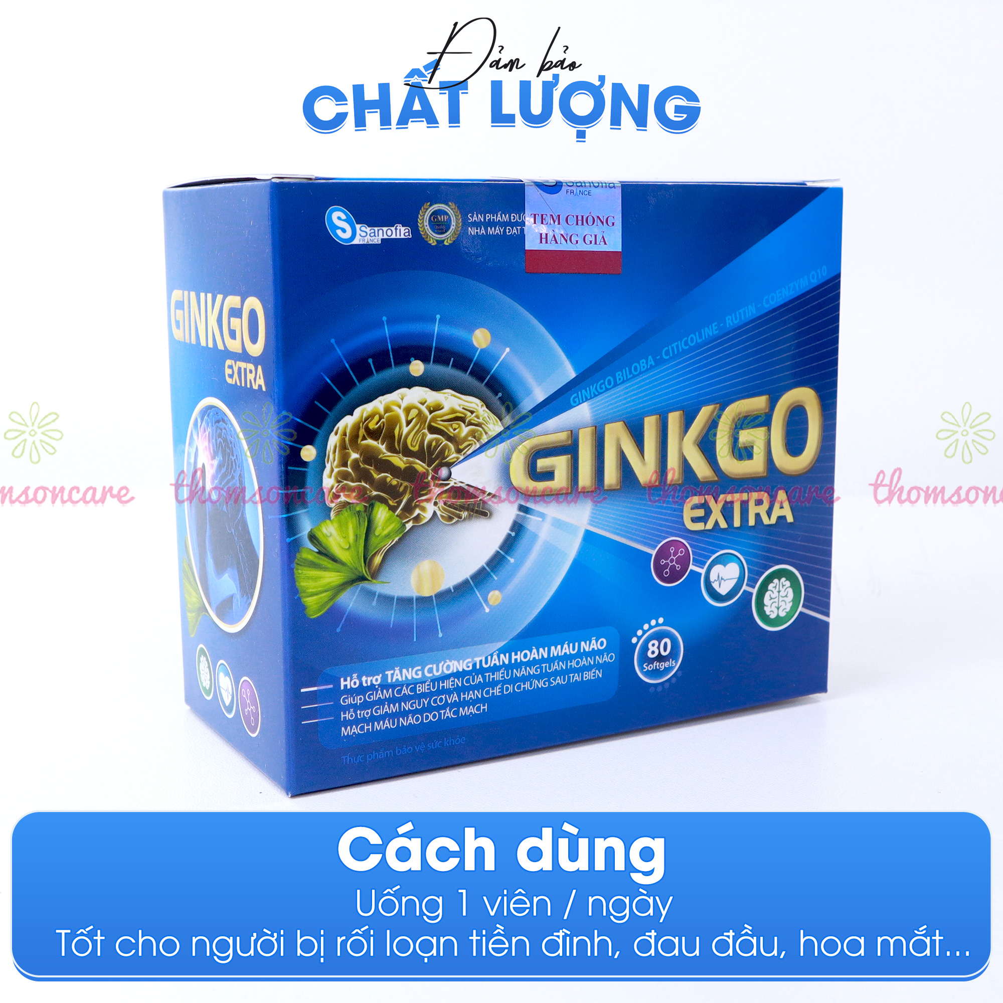 Viên uống bổ não Ginkgo Extra Sanofia - Giúp tăng cường tuần hoàn máu não, giảm đau đầu, chóng mặt từ thảo dược - Hộp 80 viên Thomsoncare