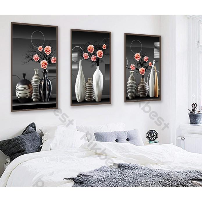 Combo 3 tranh dán tường 3d, bình hoa tĩnh lặng trang trí phòng khách phòng ngủ hiện đại MS942396