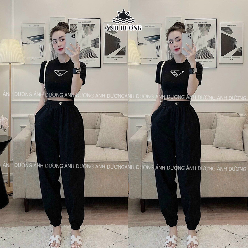 Bộ thể thao nữ mùa hè áo croptop nữ tay ngắn và quần dài vải thun dẻo