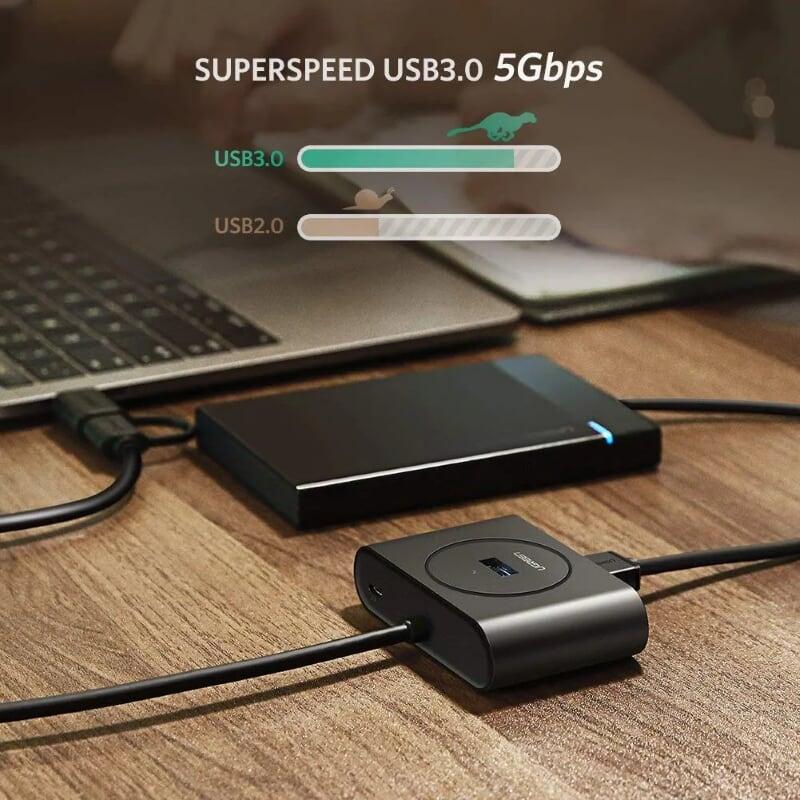 Ugreen UG40850CR113TK 1M Màu Đen Bộ chuyển đổi TYPE C sang 4 USB 3.0 + nguồn MICRO USB hỗ trợ OTG TYPE C - HÀNG CHÍNH HÃNG