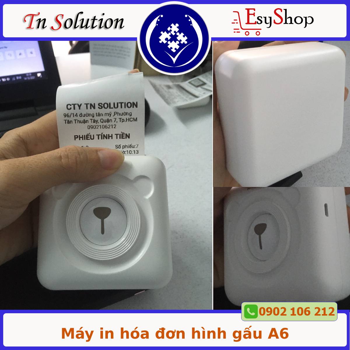 Máy in tem nhãn dán, máy in nhiệt mini A6 304dpi hình gấu cute