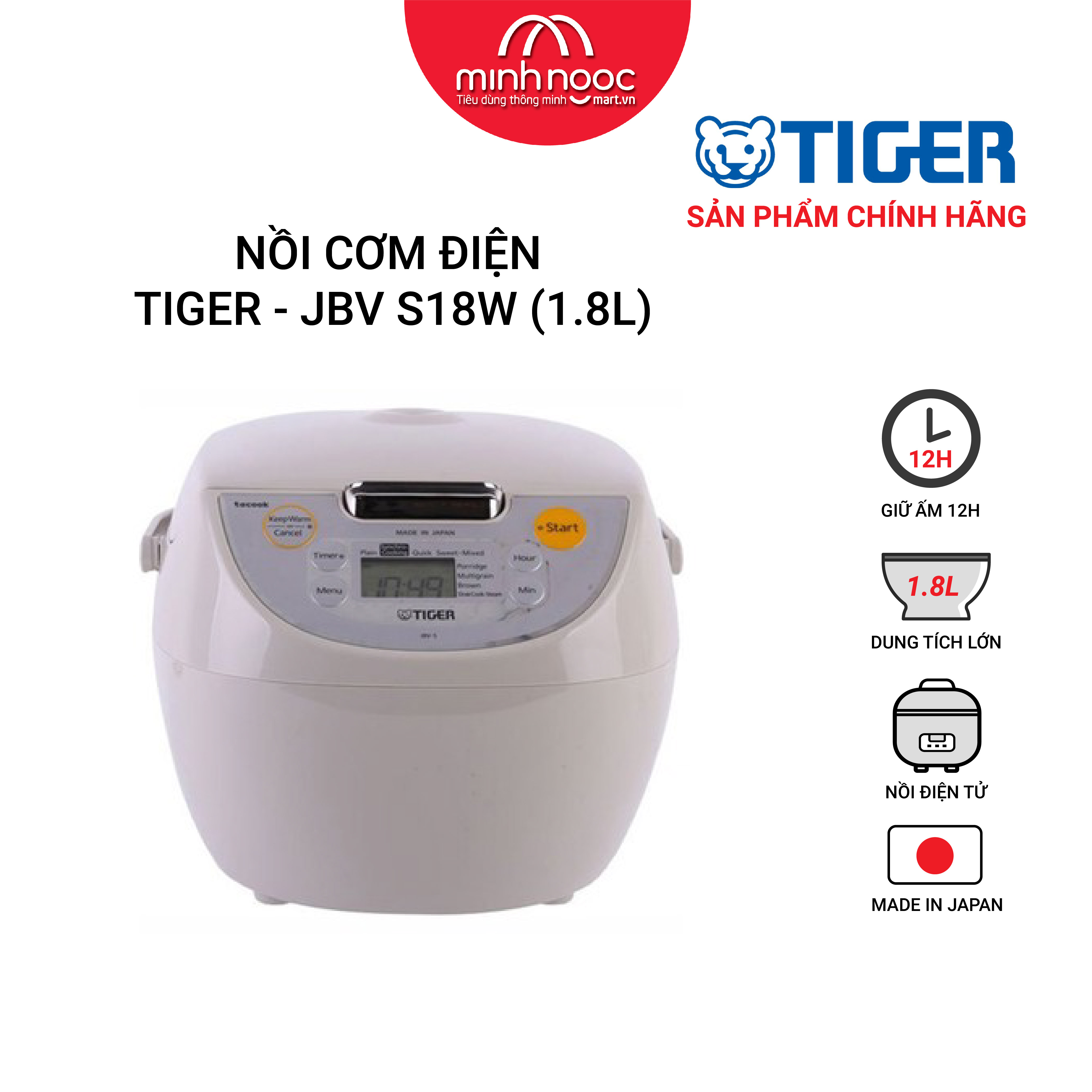 HÀNG CHÍNH HÃNG: Nồi cơm điện Tiger dung tích 1.8l JBV - S18W MADE IN JAPAN