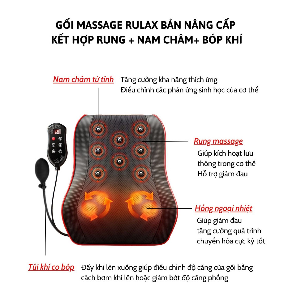 gối ￼Gối Massage Cổ Vai Gáy Hồng Ngoại Đa Năng RULAX 20 Bi Cao Cấp, Bảo Hành 12 Tháng