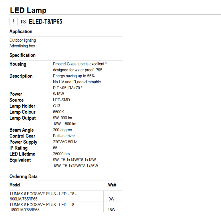 BÓNG ĐÈN LUMAX#ECOSAVE PLUS T8/765/IP65 - xx Thái Lan, Tiết kiệm năng lượng