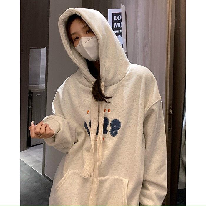 Áo Hoodie Nam Nữ Nỉ Ngoại 1928 Thêu Nổi Dáng Thụng Màu Xám Mũ 2 Lớp