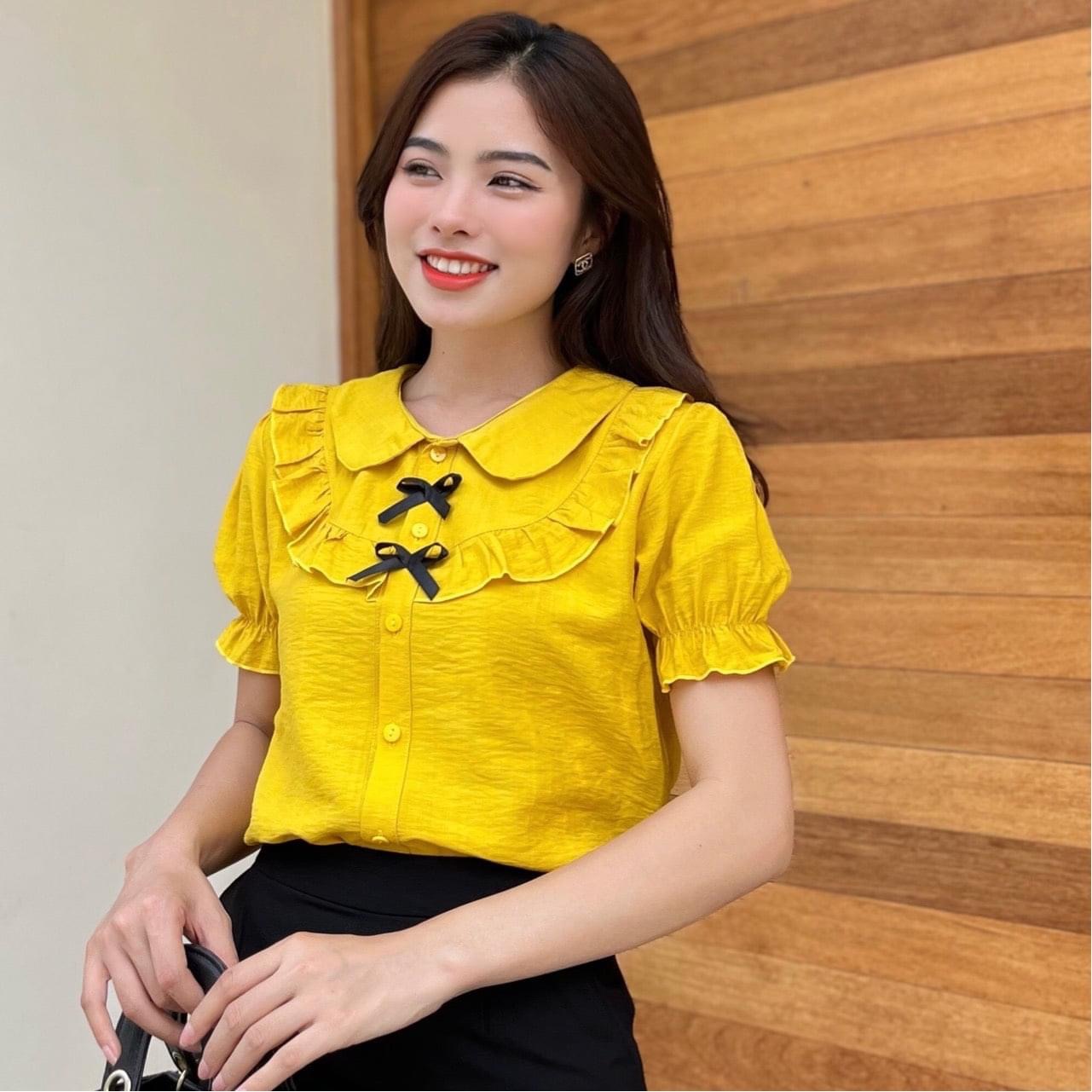 Áo sơ mi nữ tơ cước tay ngắn cổ tròn