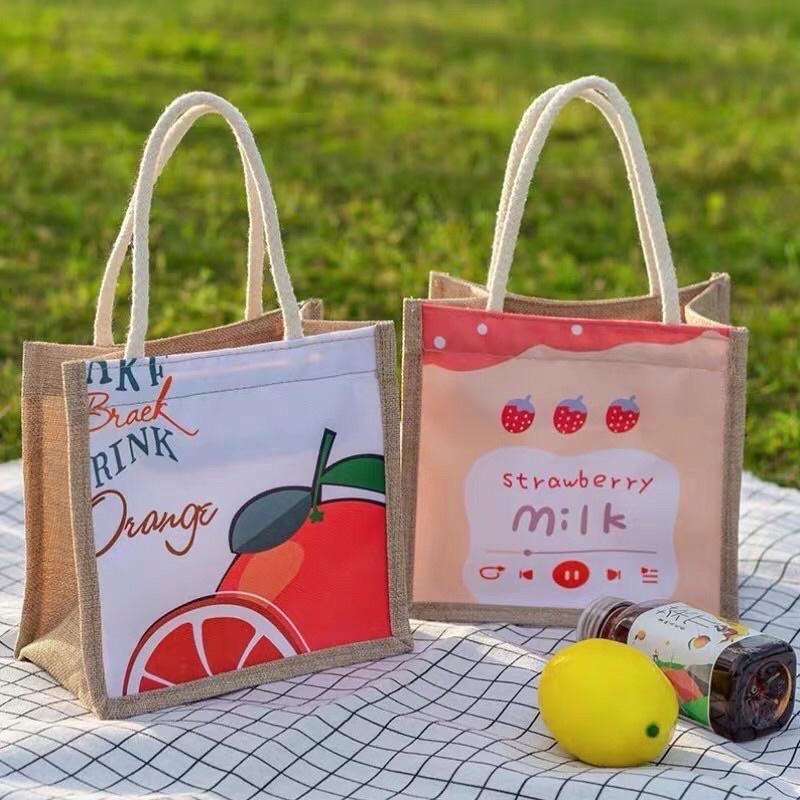 Túi xách cói mini hoạ tiết đáng yêu có khoá kéo Style Hàn Quốc - Túi tote vải canvas thích hợp đi chơi, cafe, du lịch