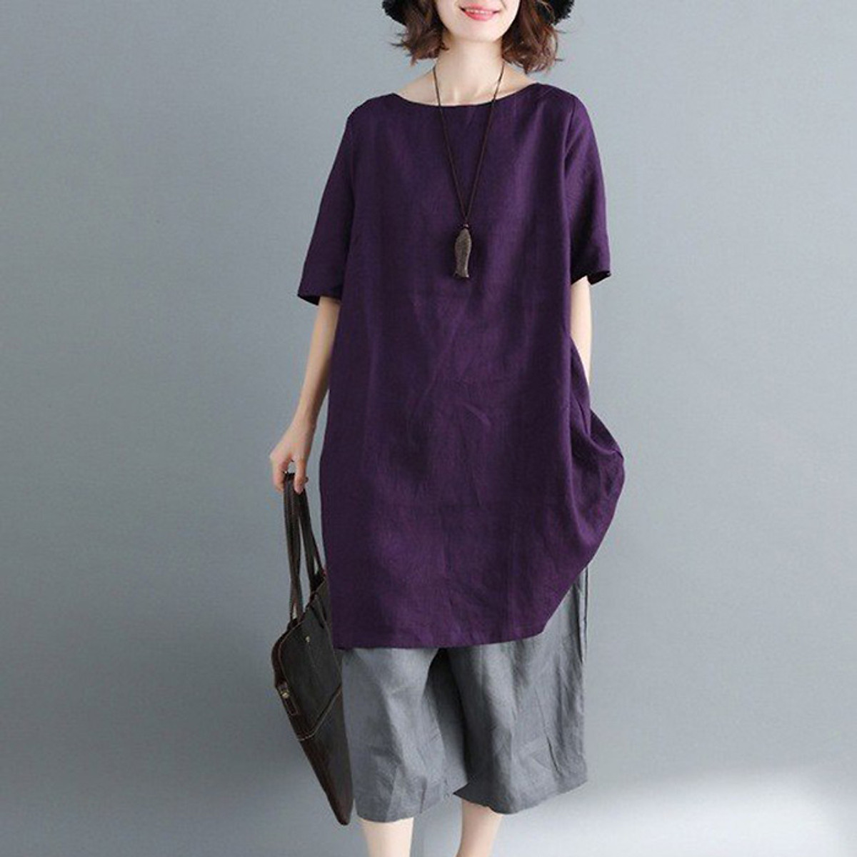 Đầm suông cổ tròn tay lỡ basic Linen bột Premium 3 màu lựa chọn