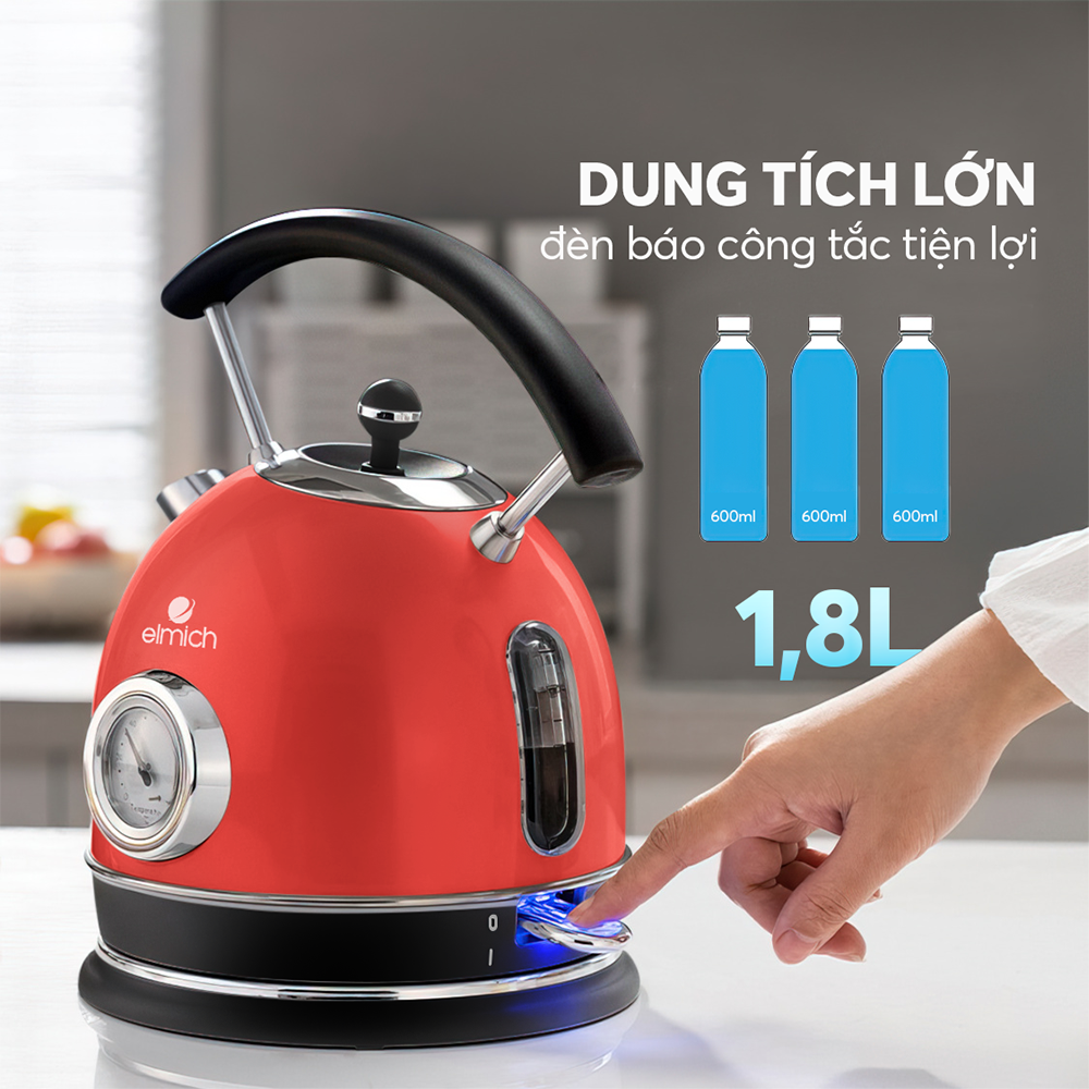 Ấm đun siêu tốc Elmich KEE-1776 (Mầu Đỏ, Dung Tích 1,8 Lít, Công Suất 2200W, Có đồng hồ báo nhiệt độ nước) - Hàng Chính Hãng