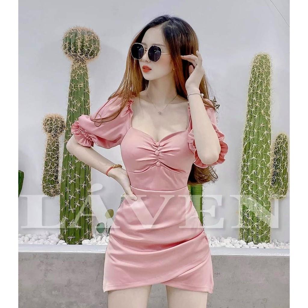 Váy đầm nữ tay phồng đính nút trước ngực chất lụa satin (có sẵn mút) HT72 AM
