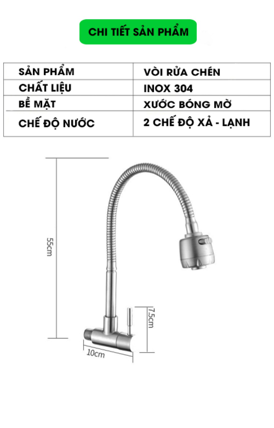 Vòi rửa chén bát đơn lạnh cắm tường inox 304 xoay 360 độ (vòi bếp, vòi rửa bát )