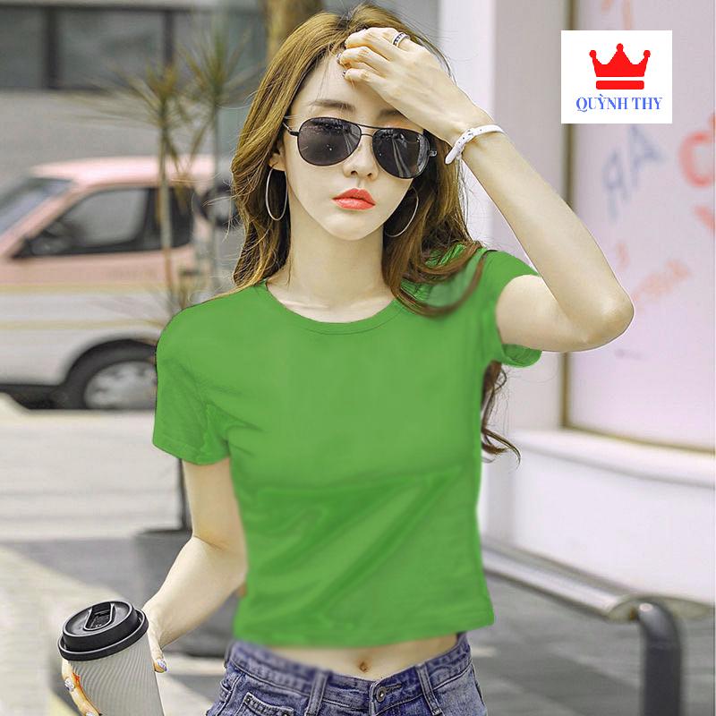 Áo thun Nữ croptop cổ tròn tay ngắn 7 màu cotton lạnh chất đẹp siêu co giãn chống bai xù