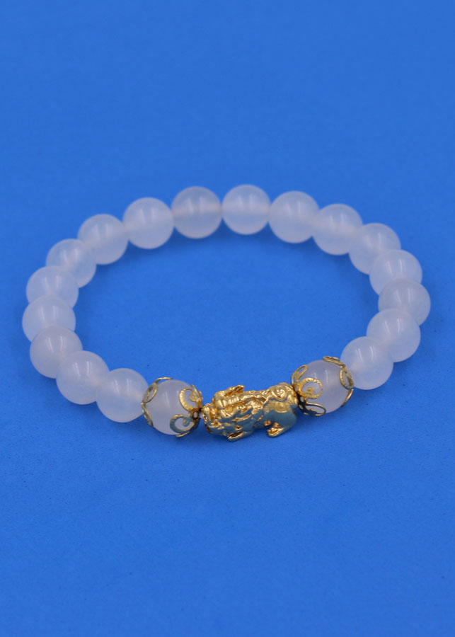 Chuỗi đeo tay Thạch Anh Trắng 8 ly - cẩn Tỳ Hưu Phong thủy inox vàng VTATTHHKV8 - hợp mệnh Kim, mệnh Thủy