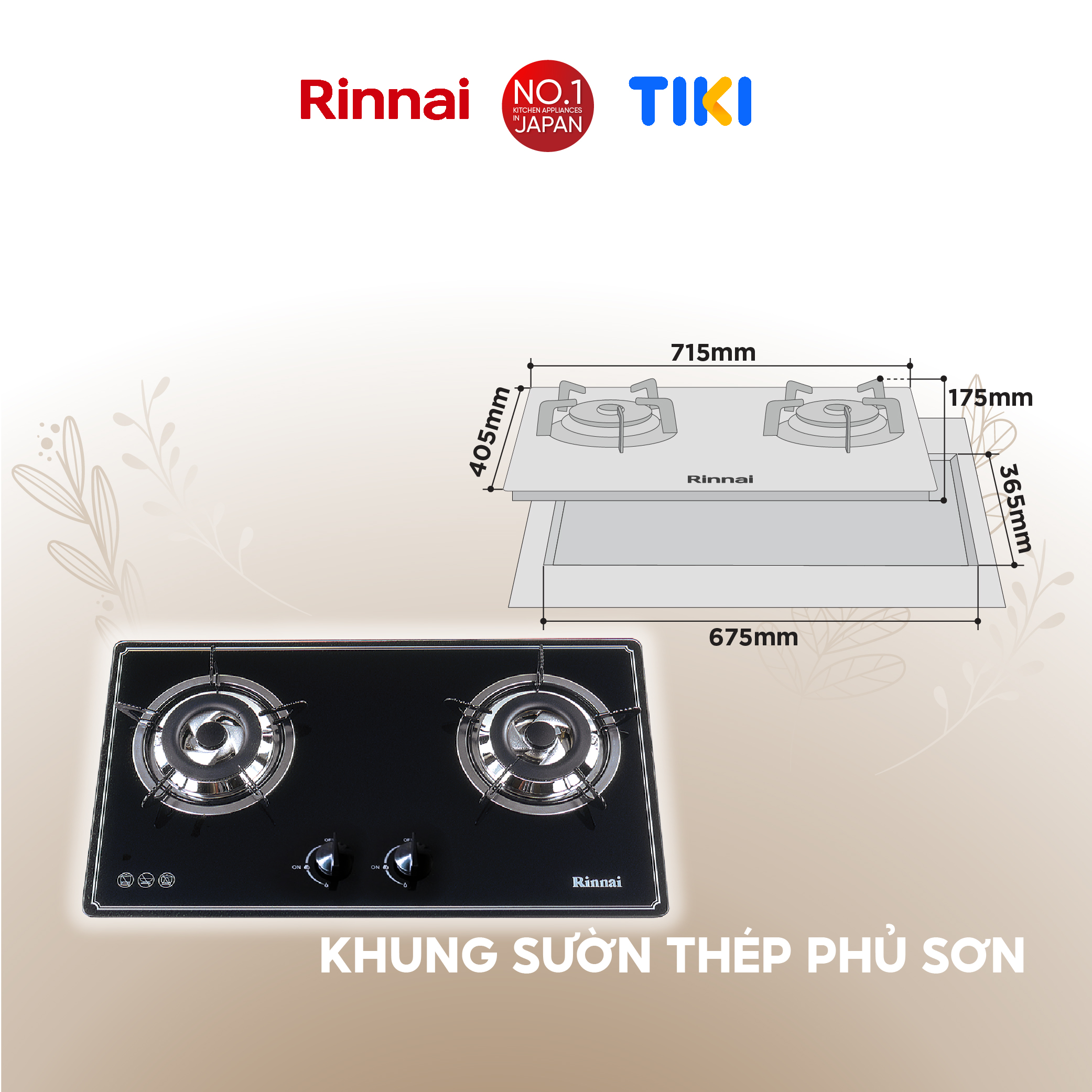 Bếp gas âm Rinnai RVB-2BG(B)N mặt bếp kính và kiềng bếp men - Hàng chính hãng.