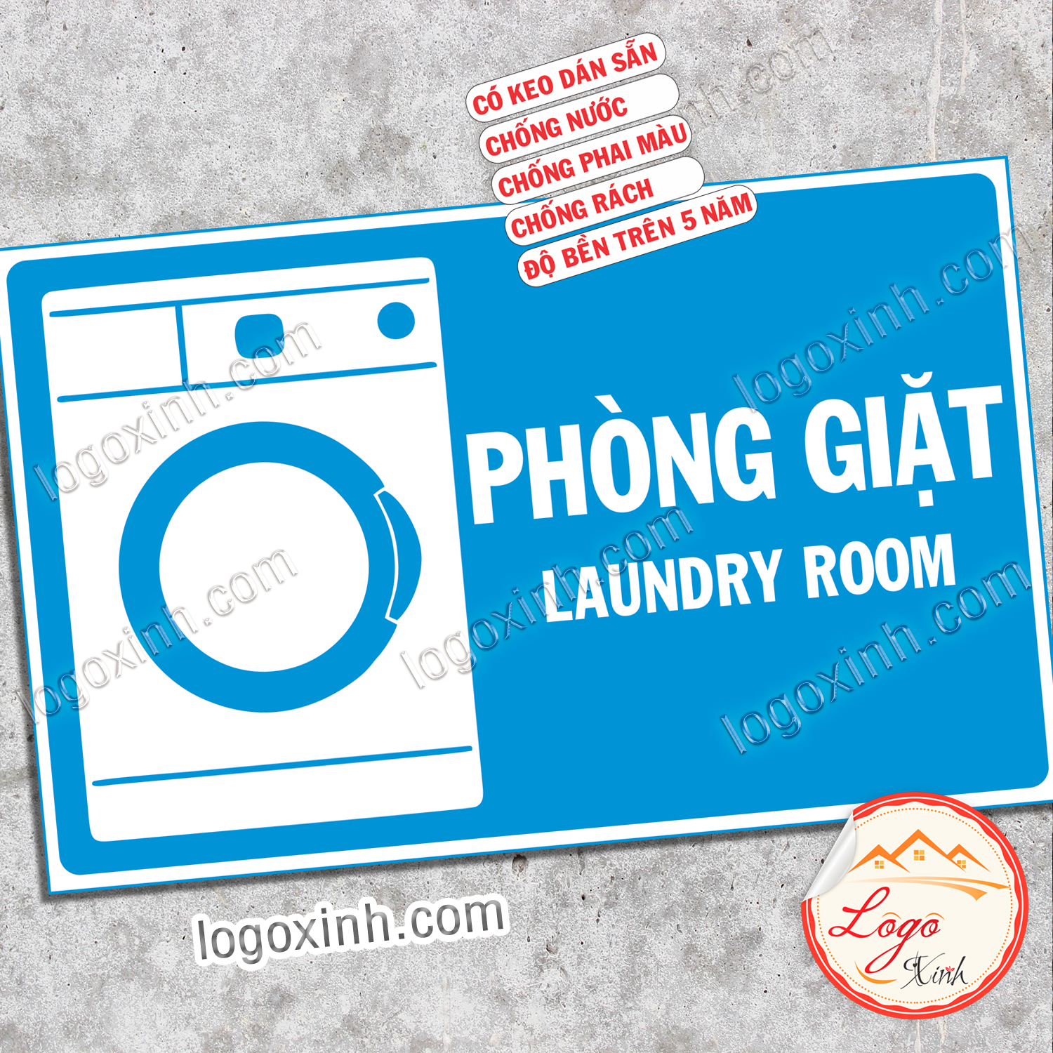 Logo Tem Sticker Biển Phòng Giặt Đồ - Laundry Room, Chất Liệu Decal Có Keo Dán Sẵn Chống Nước Tuyệt Đối