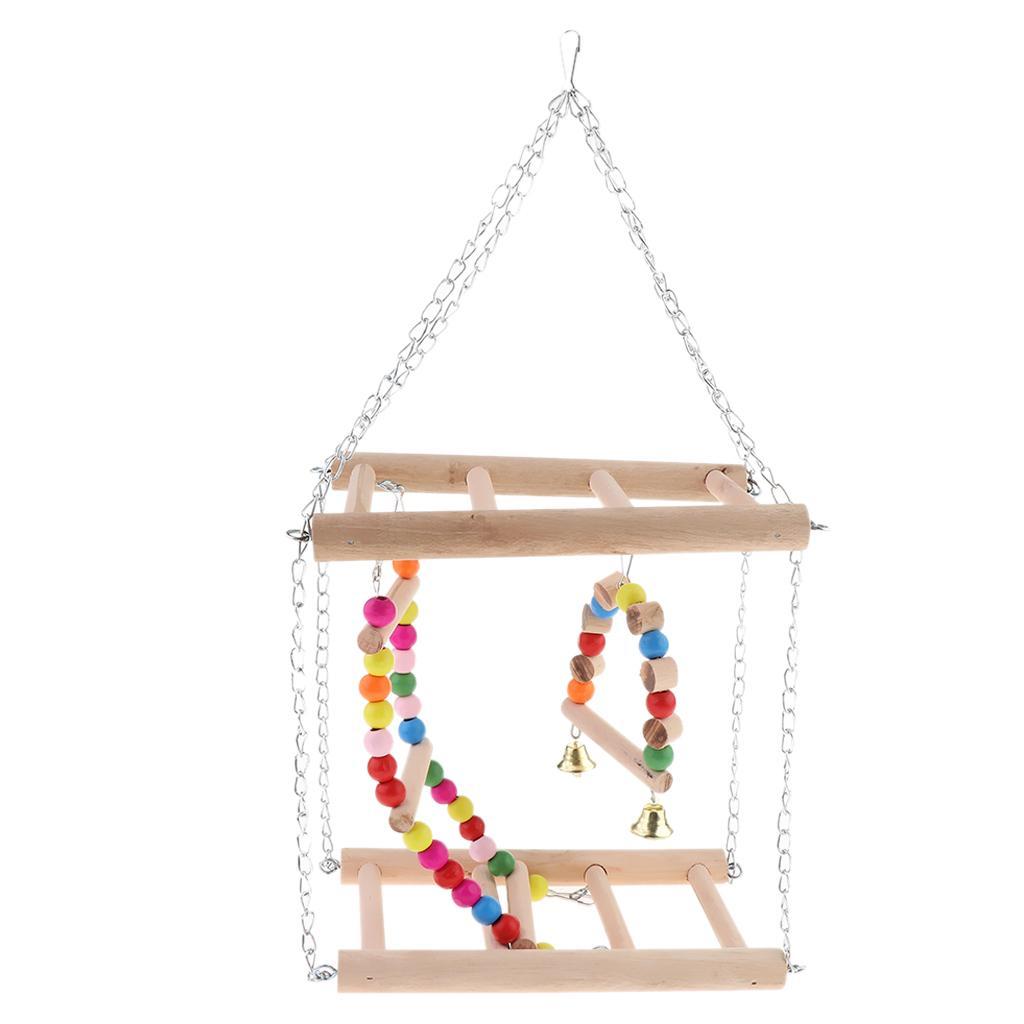 Bird Wooden Ladder Parrot Swing Cage Activity Toys with Bell